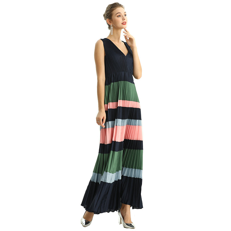 JJparty-D198 Women color block satin V neck pleated maxi evening dress