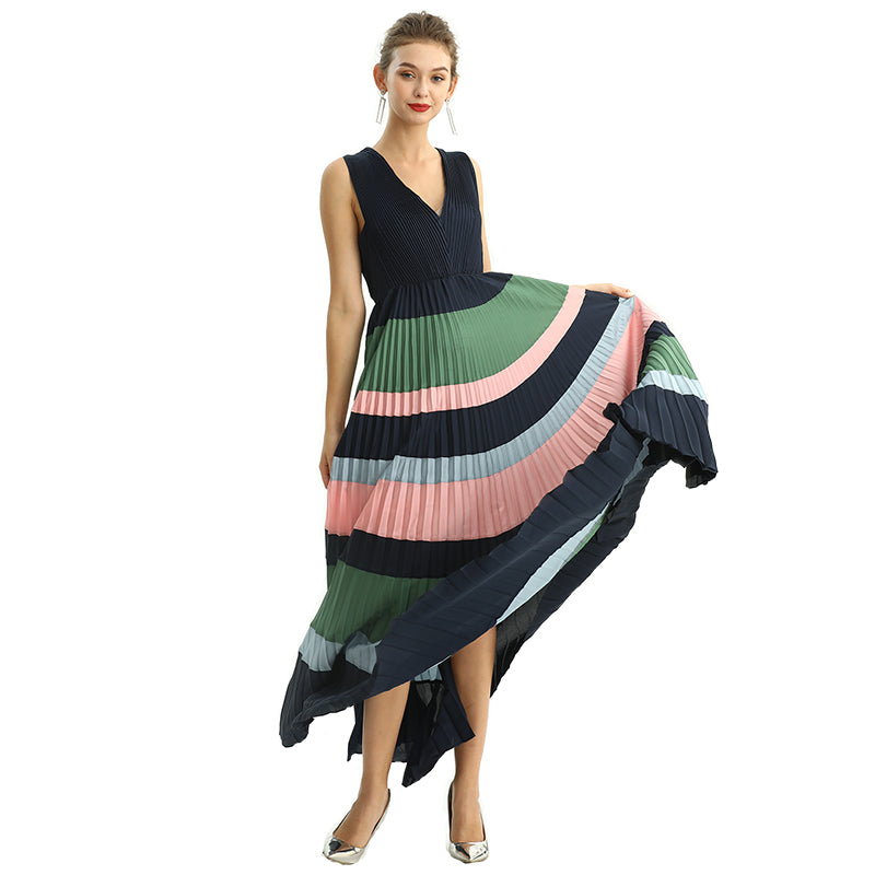 JJparty-D198 Women color block satin V neck pleated maxi evening dress