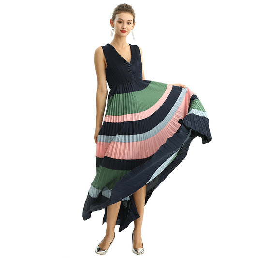 JJparty-D198 Women color block satin V neck pleated maxi evening dress
