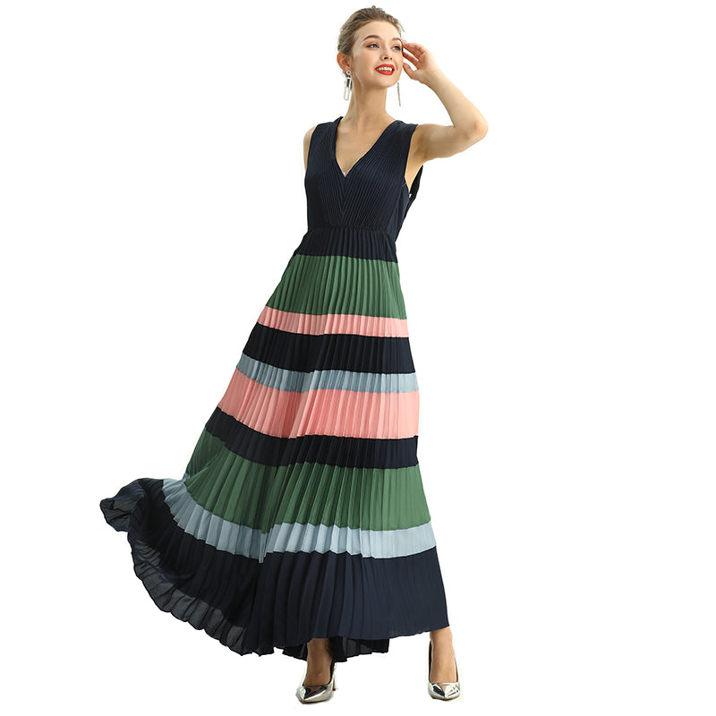 JJparty-D198 Women color block satin V neck pleated maxi evening dress