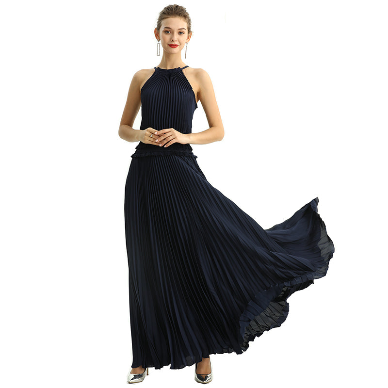 JJparty-D199 Women solid satin halter neck smocked-waist sunburst pleated maxi evening dress