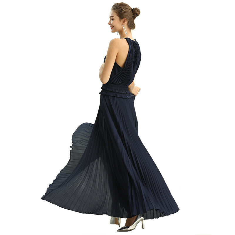 JJparty-D199 Women solid satin halter neck smocked-waist sunburst pleated maxi evening dress