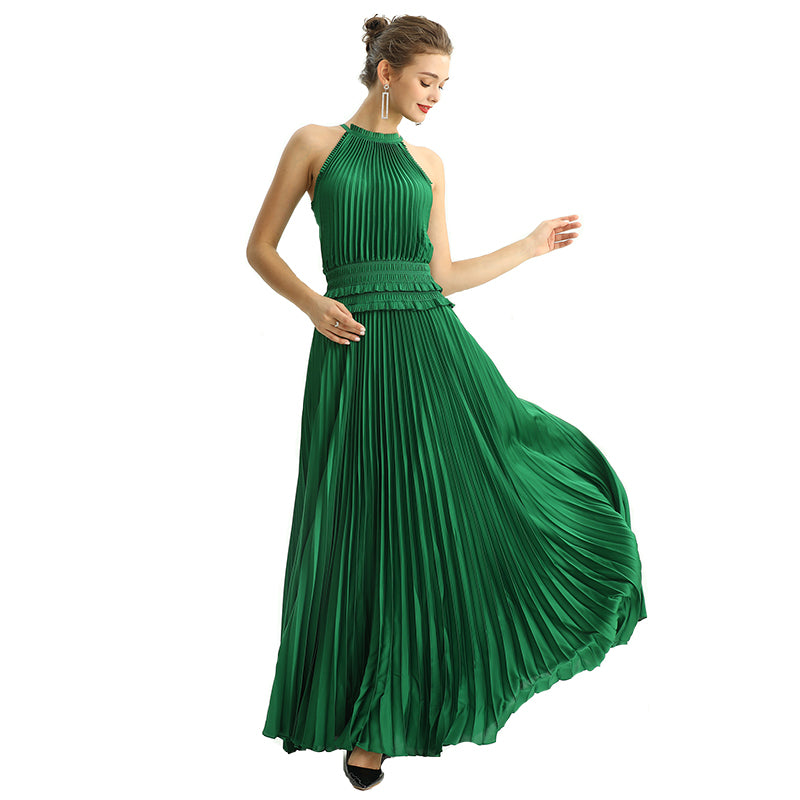 JJparty-D199 Women solid satin halter neck smocked-waist sunburst pleated maxi evening dress