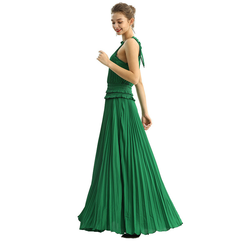 JJparty-D199 Women solid satin halter neck smocked-waist sunburst pleated maxi evening dress