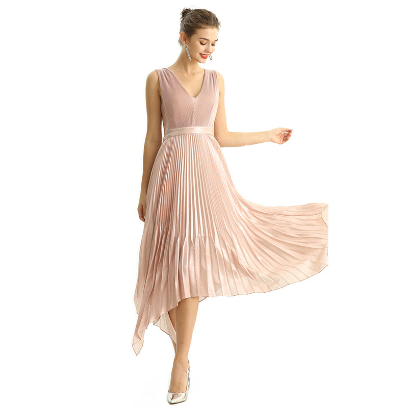 JJparty-D205 Women metallic chiffon sunburst pleated midi evening dress