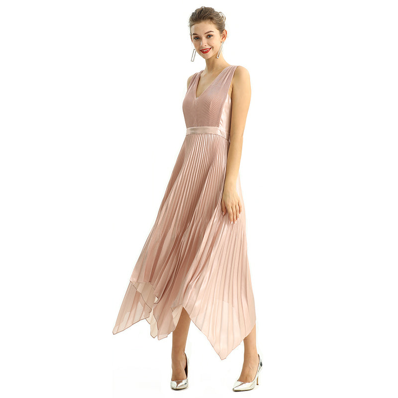 JJparty-D205 Women metallic chiffon sunburst pleated midi evening dress