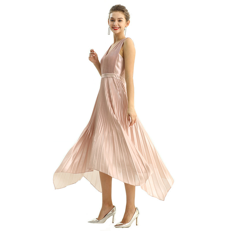 JJparty-D205 Women metallic chiffon sunburst pleated midi evening dress