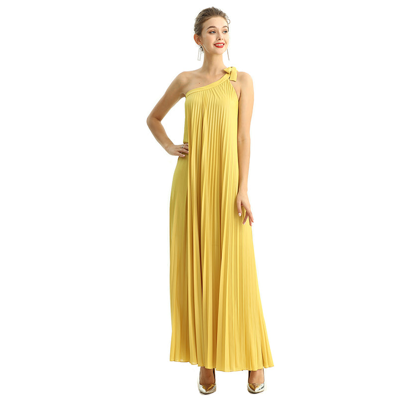 JJparty-D204 Women glazed fabric single shoulder sunburst pleated maxi dress