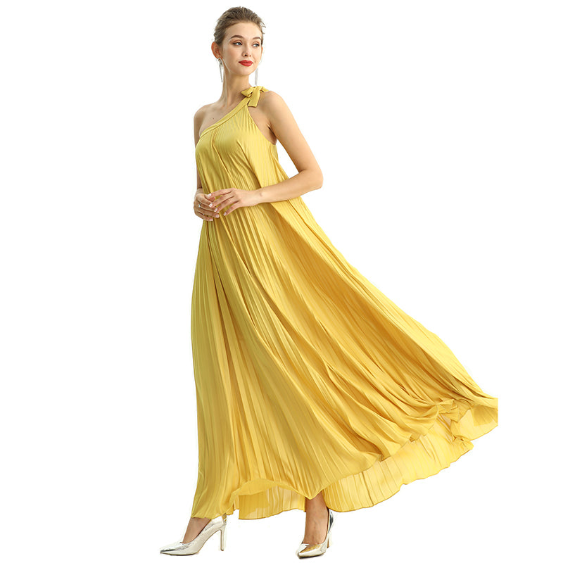 JJparty-D204 Women glazed fabric single shoulder sunburst pleated maxi dress
