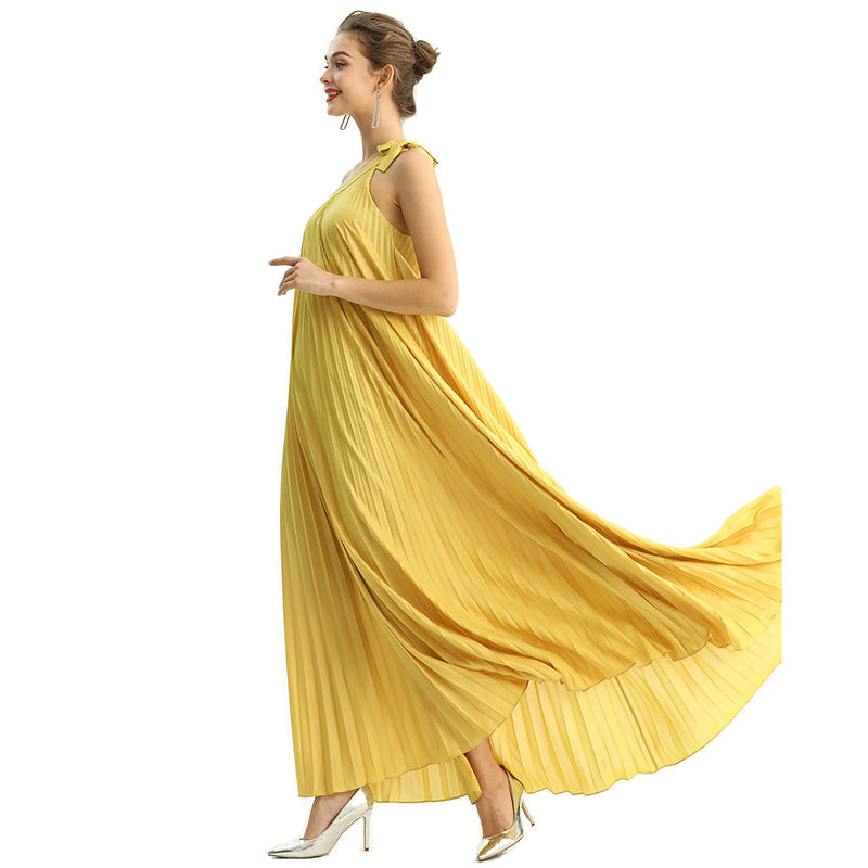 JJparty-D204 Women glazed fabric single shoulder sunburst pleated maxi dress