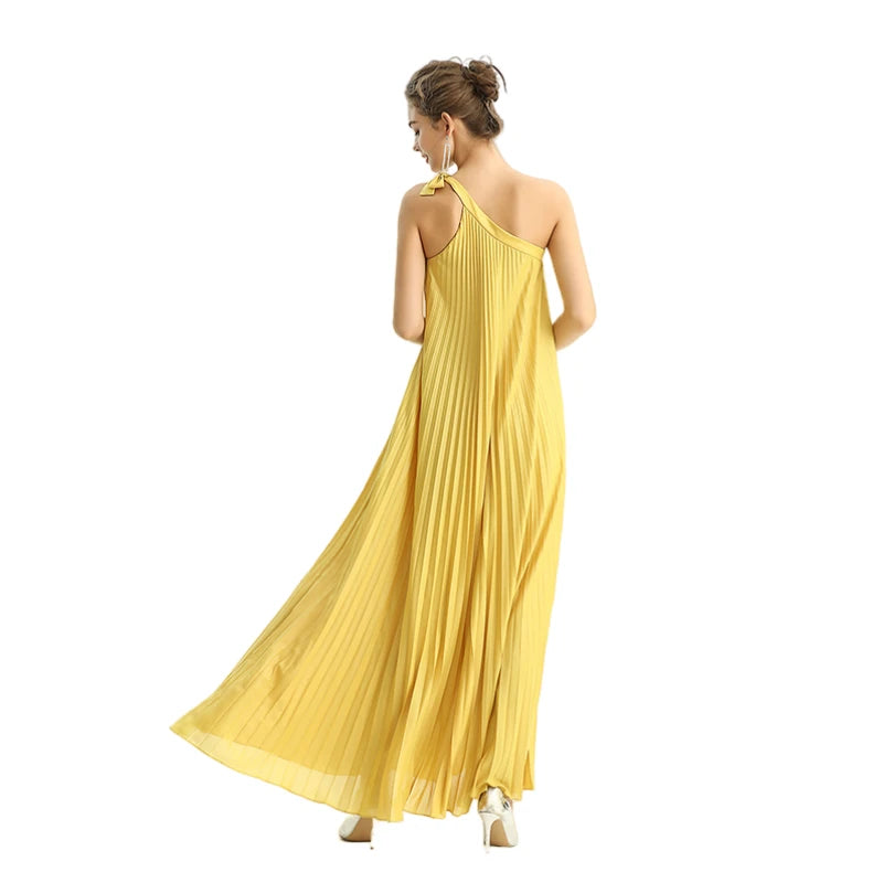 JJparty-D204 Women glazed fabric single shoulder sunburst pleated maxi dress