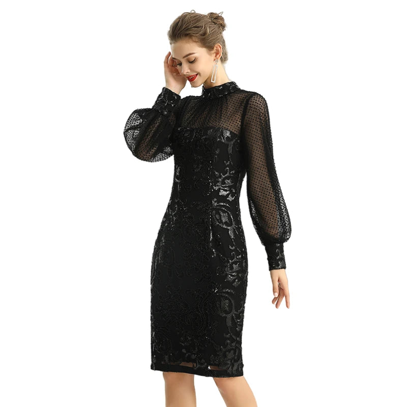 JJparty-D124 Women sequin embellished organza mock neck long puff sleeves fitted midi evening dress