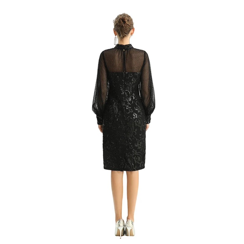 JJparty-D124 Women sequin embellished organza mock neck long puff sleeves fitted midi evening dress