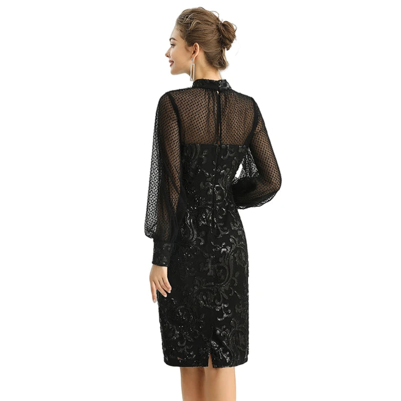 JJparty-D124 Women sequin embellished organza mock neck long puff sleeves fitted midi evening dress