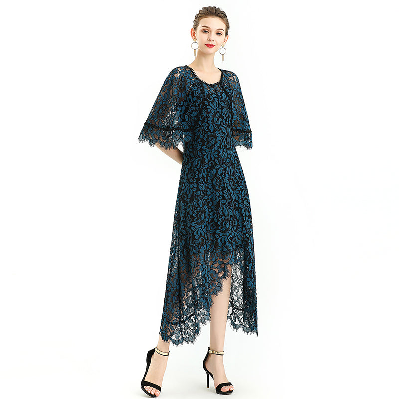JJparty-D078-3 Women floral lace cape sleeve flared asymmetric hem midi evening dress
