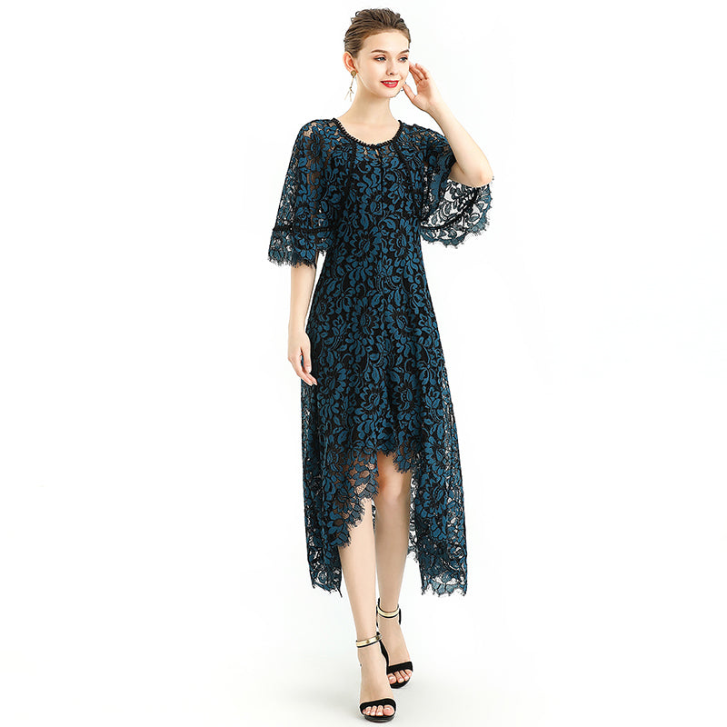 JJparty-D078-3 Women floral lace cape sleeve flared asymmetric hem midi evening dress