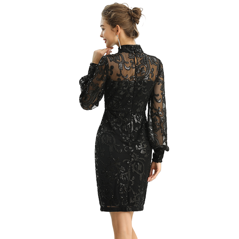 JJparty-D162 Women sequins and beads embellishment mock neck long puff sleeves fitted short evening dress