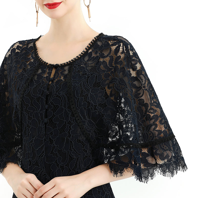 JJparty-D078-3 Women floral lace cape sleeve flared asymmetric hem midi evening dress