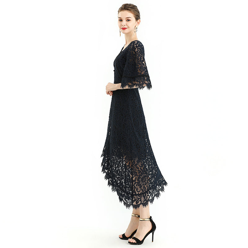 JJparty-D078-3 Women floral lace cape sleeve flared asymmetric hem midi evening dress
