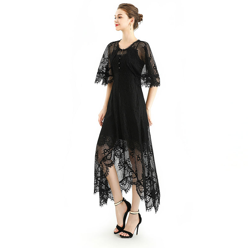 JJparty-D078-2 Women floral lace cape sleeve flared asymmetric hem midi evening dress