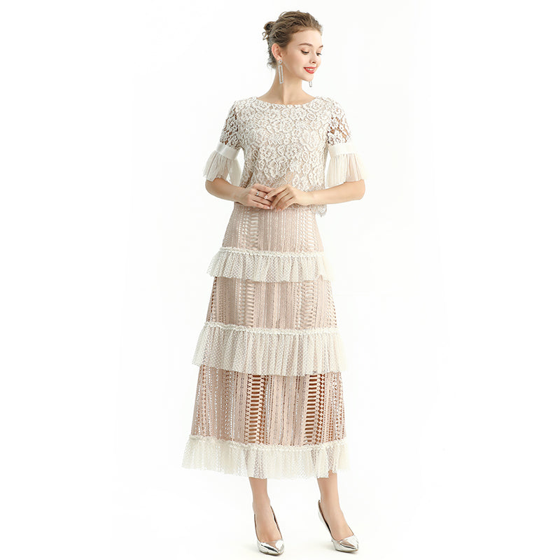 JJparty-S149 Women macramé lace-panel design Swiss dot tiered ruffle long skirt