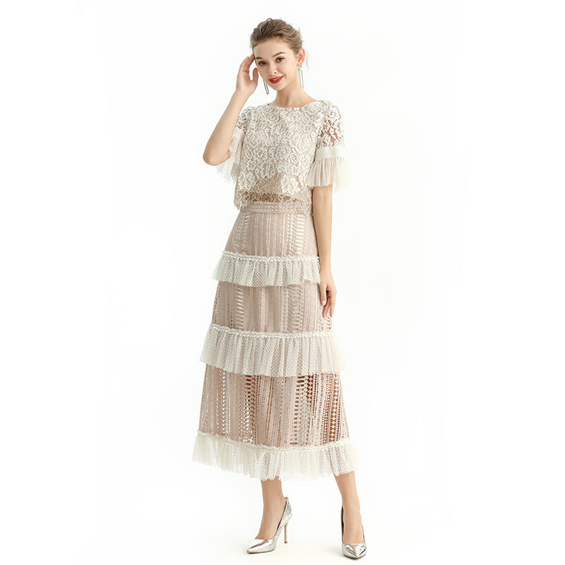 JJparty-S149 Women macramé lace-panel design Swiss dot tiered ruffle long skirt