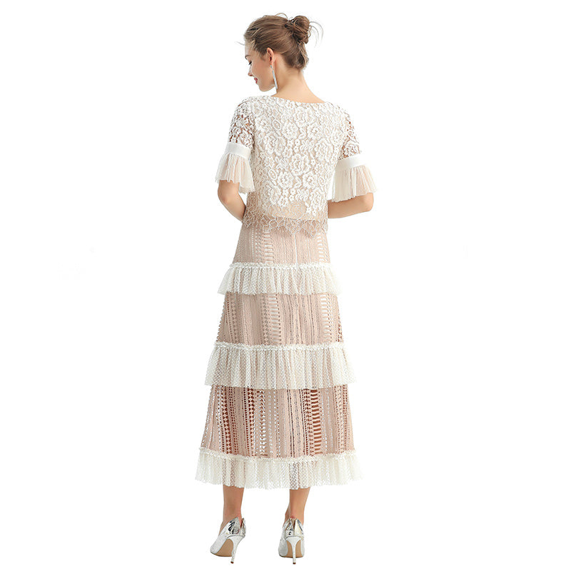 JJparty-S149 Women macramé lace-panel design Swiss dot tiered ruffle long skirt