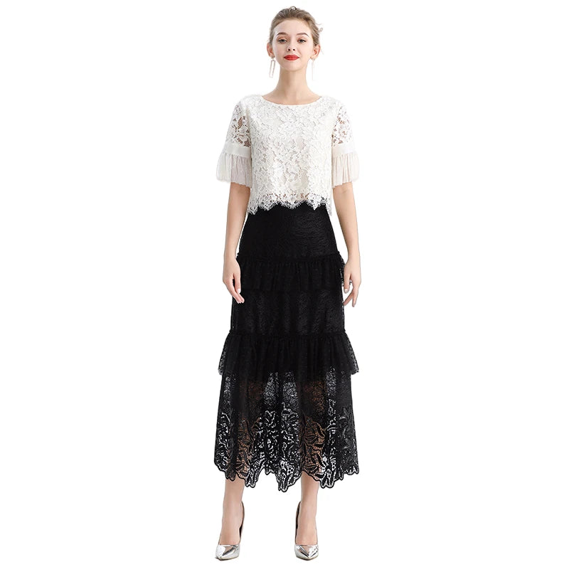 JJparty-S167 Women sequin embellished lace Swiss dot tulle tiered ruffle long evening skirt