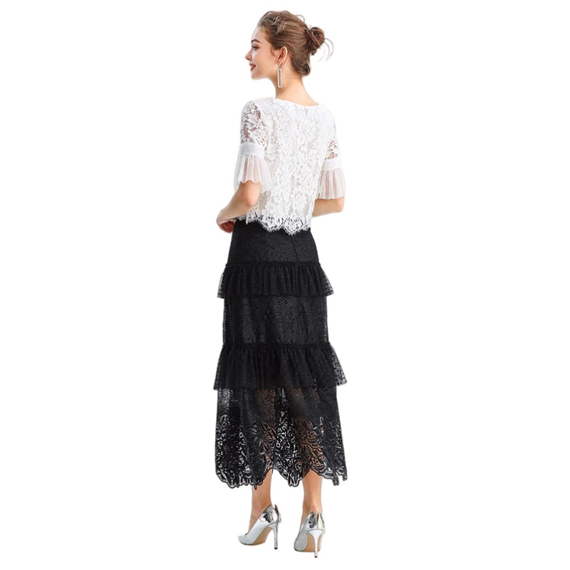 JJparty-S167 Women sequin embellished lace Swiss dot tulle tiered ruffle long evening skirt