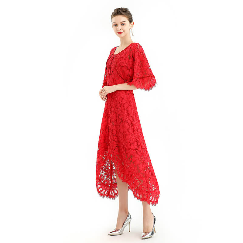 JJparty-D078-5 Women floral lace cape sleeve flared asymmetric hem midi evening dress