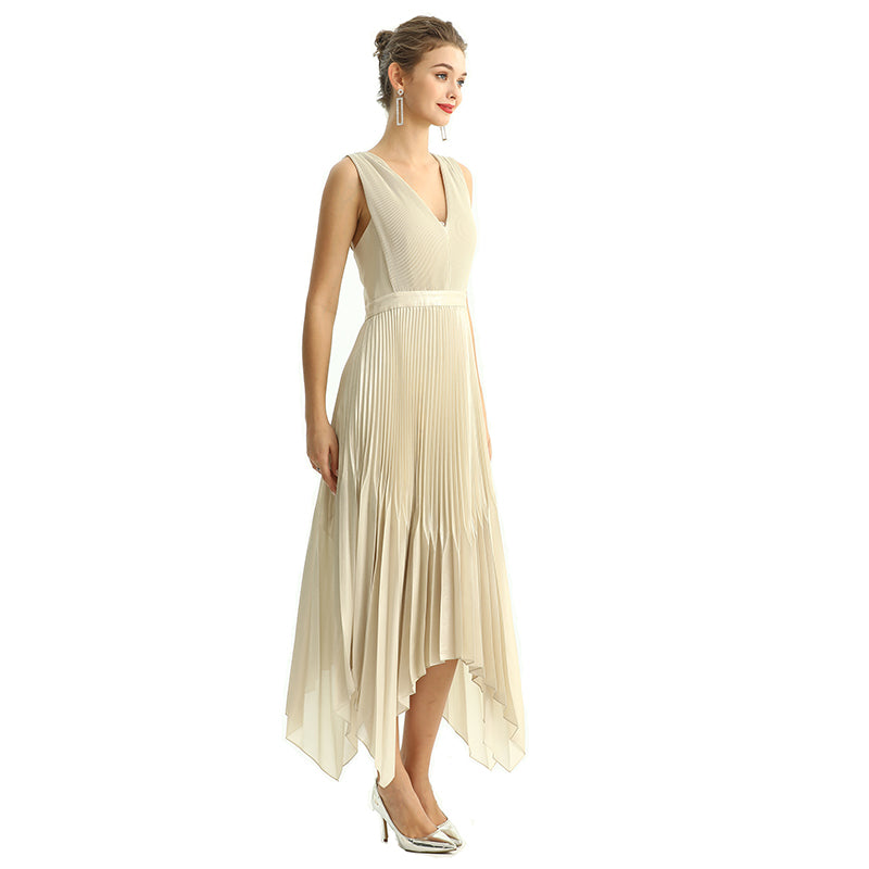 JJparty-D205 Women metallic chiffon sunburst pleated midi evening dress