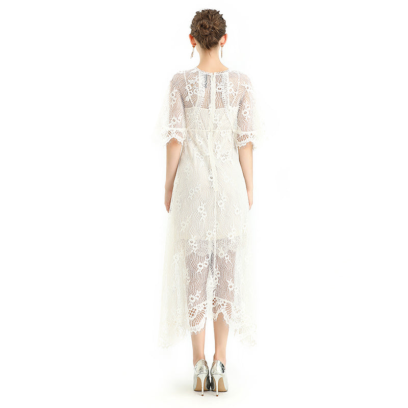 JJparty-D078-2 Women floral lace cape sleeve flared asymmetric hem midi evening dress