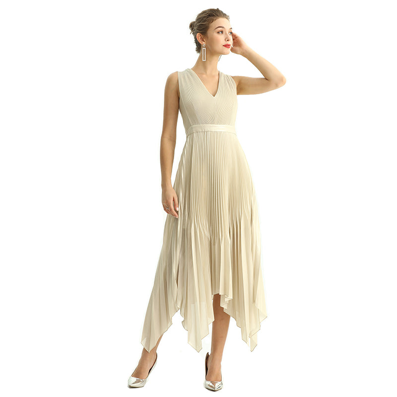 JJparty-D205 Women metallic chiffon sunburst pleated midi evening dress