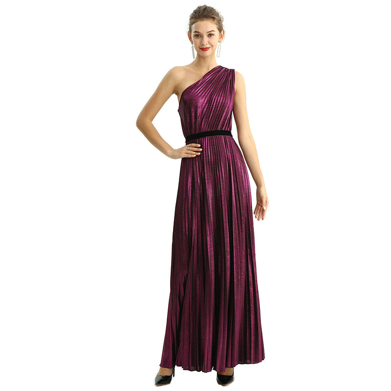 JJparty-D203 Women metallic knit single shoulder sunburst pleated maxi evening dress