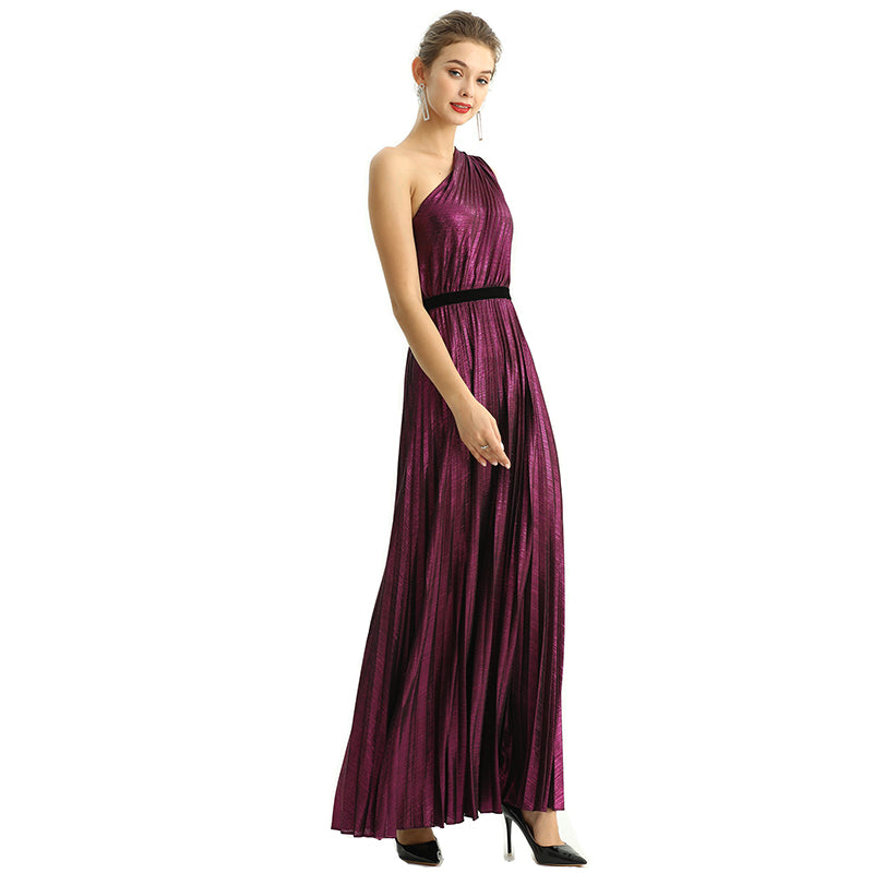 JJparty-D203 Women metallic knit single shoulder sunburst pleated maxi evening dress