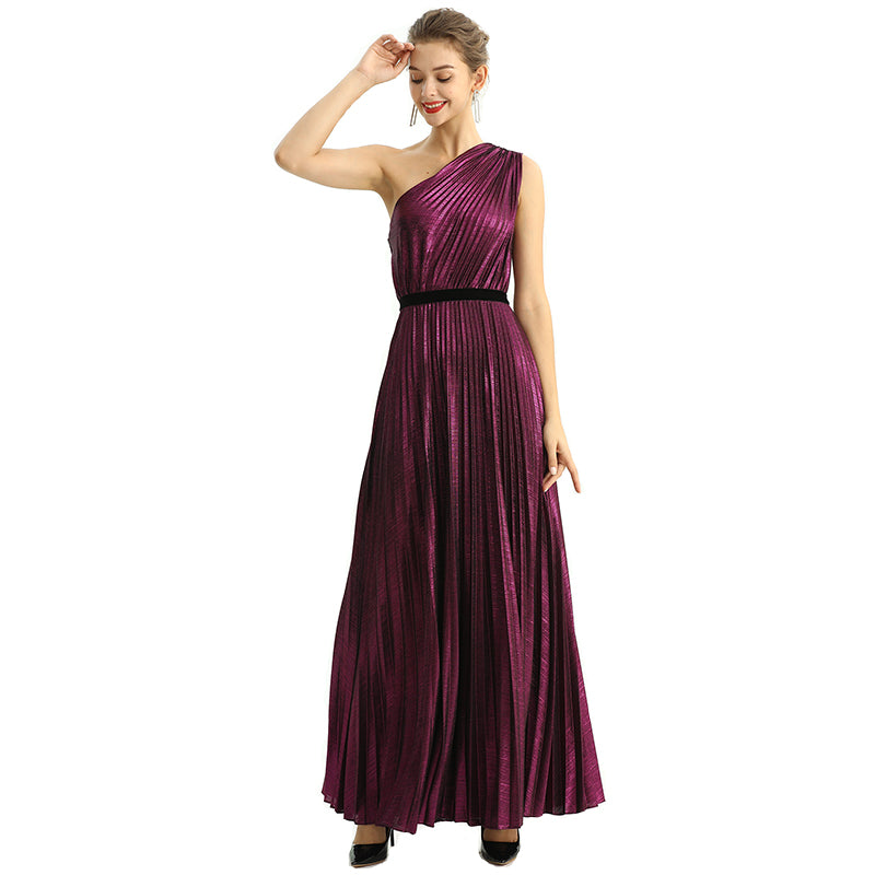 JJparty-D203 Women metallic knit single shoulder sunburst pleated maxi evening dress