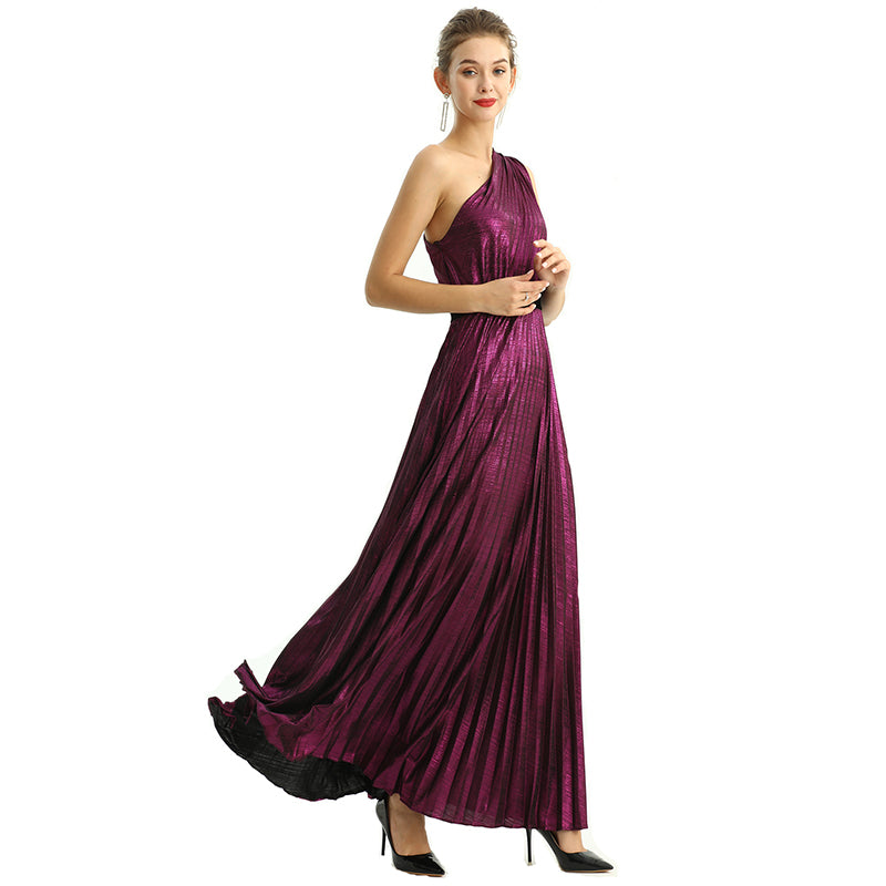JJparty-D203 Women metallic knit single shoulder sunburst pleated maxi evening dress