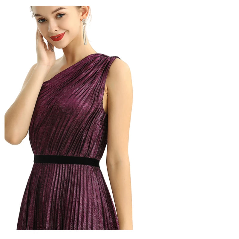 JJparty-D203 Women metallic knit single shoulder sunburst pleated maxi evening dress
