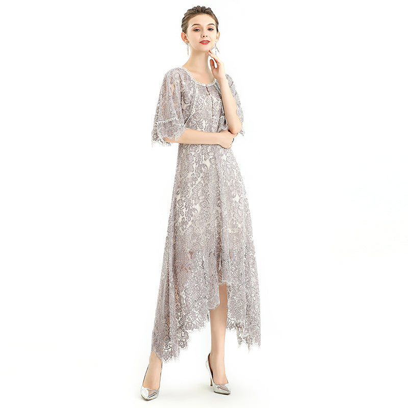 JJparty-D078-1 Women floral lace cape sleeve flared asymmetric hem midi evening dress