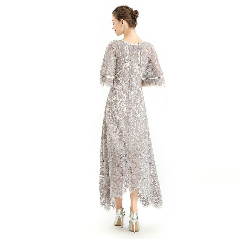 JJparty-D078-1 Women floral lace cape sleeve flared asymmetric hem midi evening dress