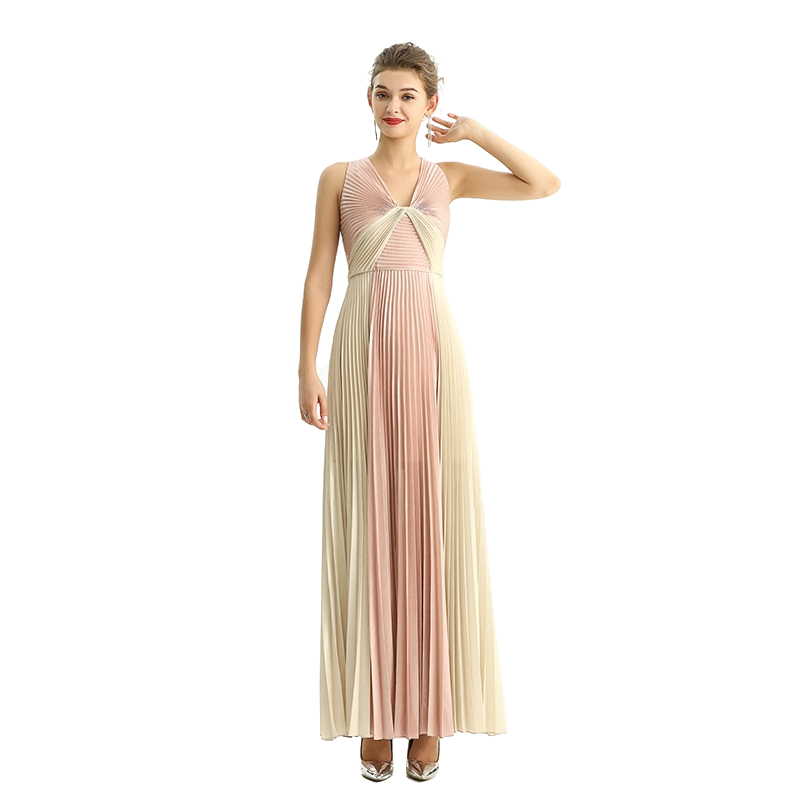 JJparty-D209 Women color block metallic chiffon pleated maxi evening dress