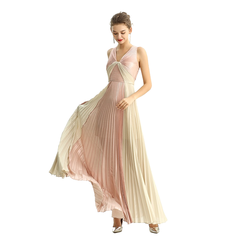 JJparty-D209 Women color block metallic chiffon pleated maxi evening dress