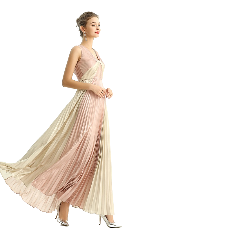 JJparty-D209 Women color block metallic chiffon pleated maxi evening dress