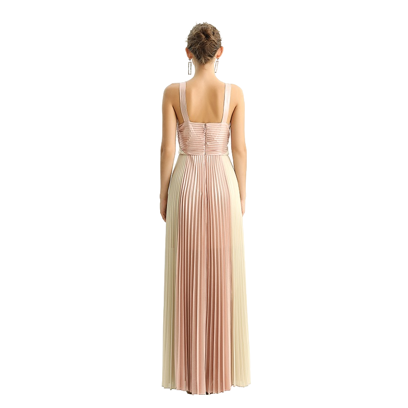 JJparty-D209 Women color block metallic chiffon pleated maxi evening dress