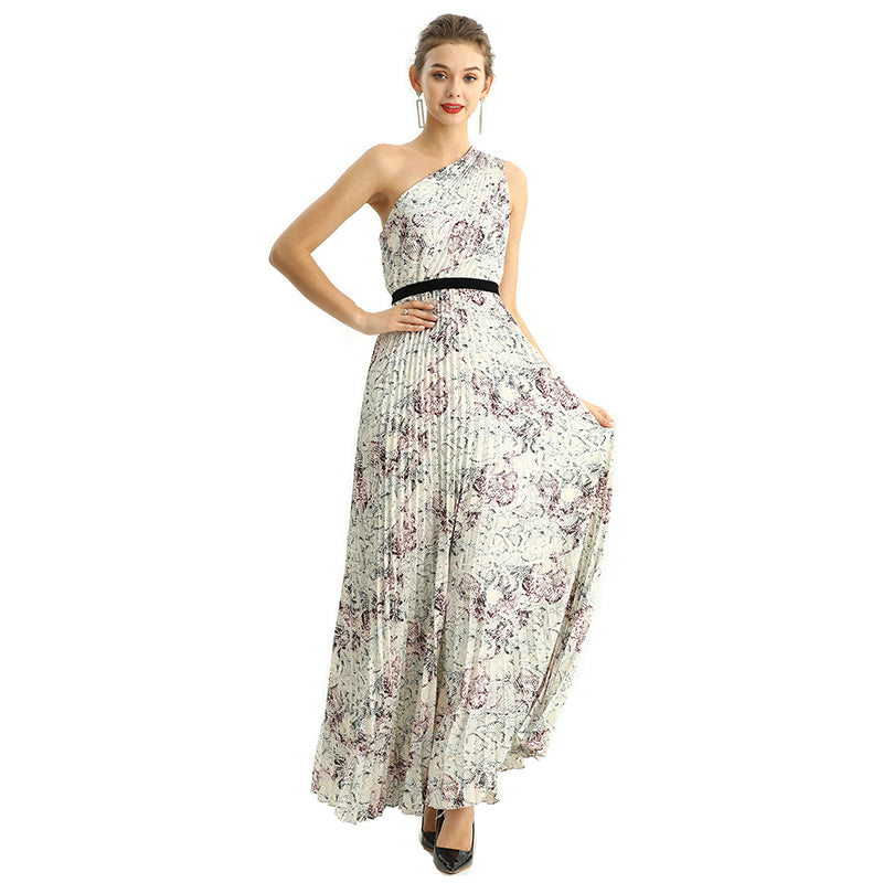 JJparty-D202 Women print CDC single shoulder sunburst pleated maxi evening dress