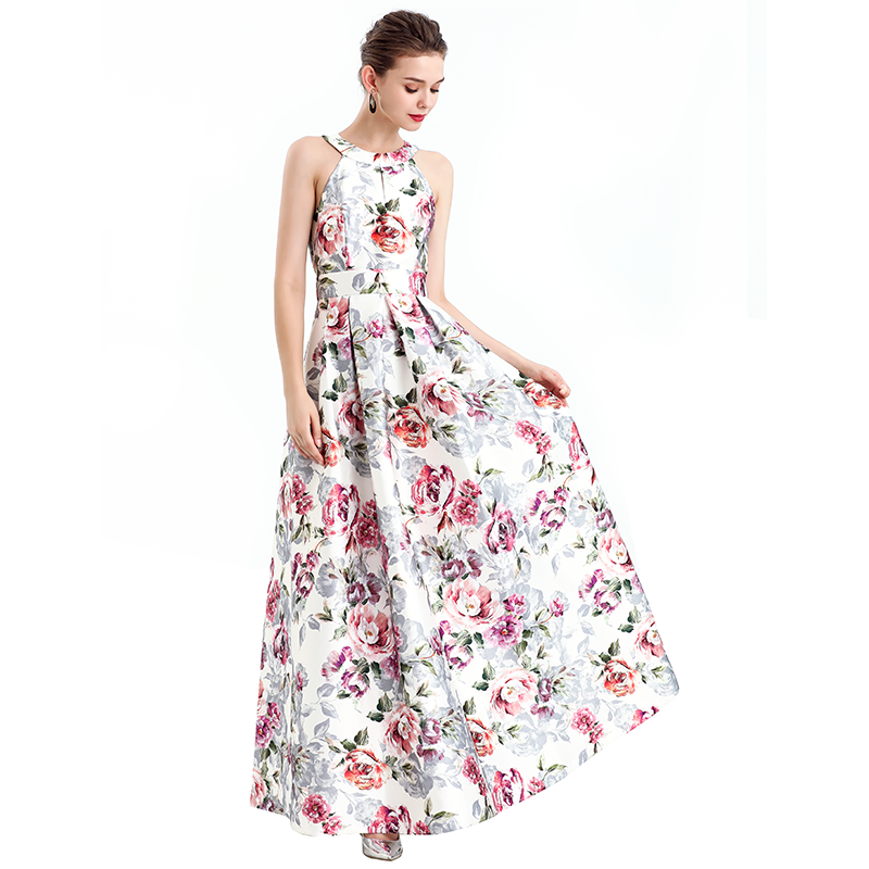 JJparty-D112 Women floral print halter neck sleeveless full circle flared maxi evening dress