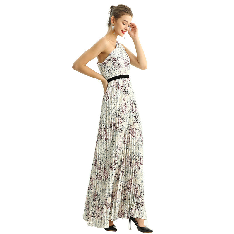JJparty-D202 Women print CDC single shoulder sunburst pleated maxi evening dress