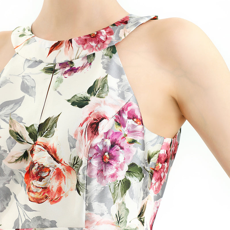 JJparty-D112 Women floral print halter neck sleeveless full circle flared maxi evening dress