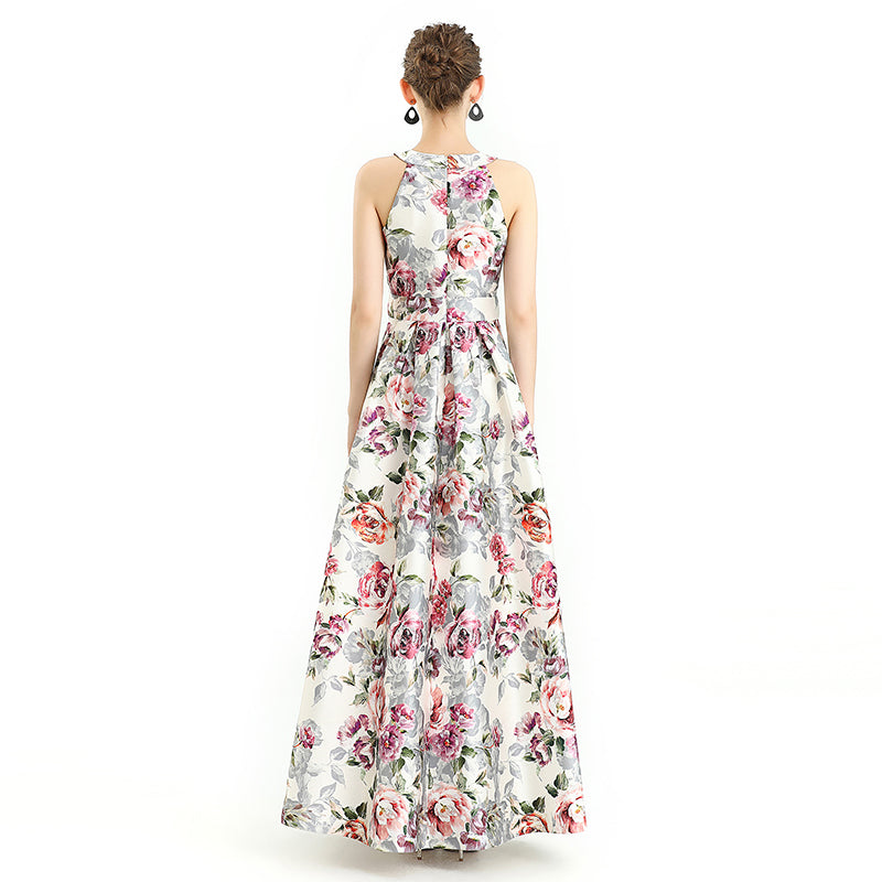 JJparty-D112 Women floral print halter neck sleeveless full circle flared maxi evening dress