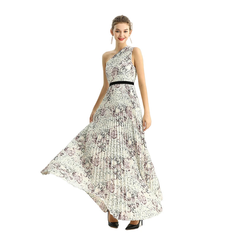 JJparty-D202 Women print CDC single shoulder sunburst pleated maxi evening dress